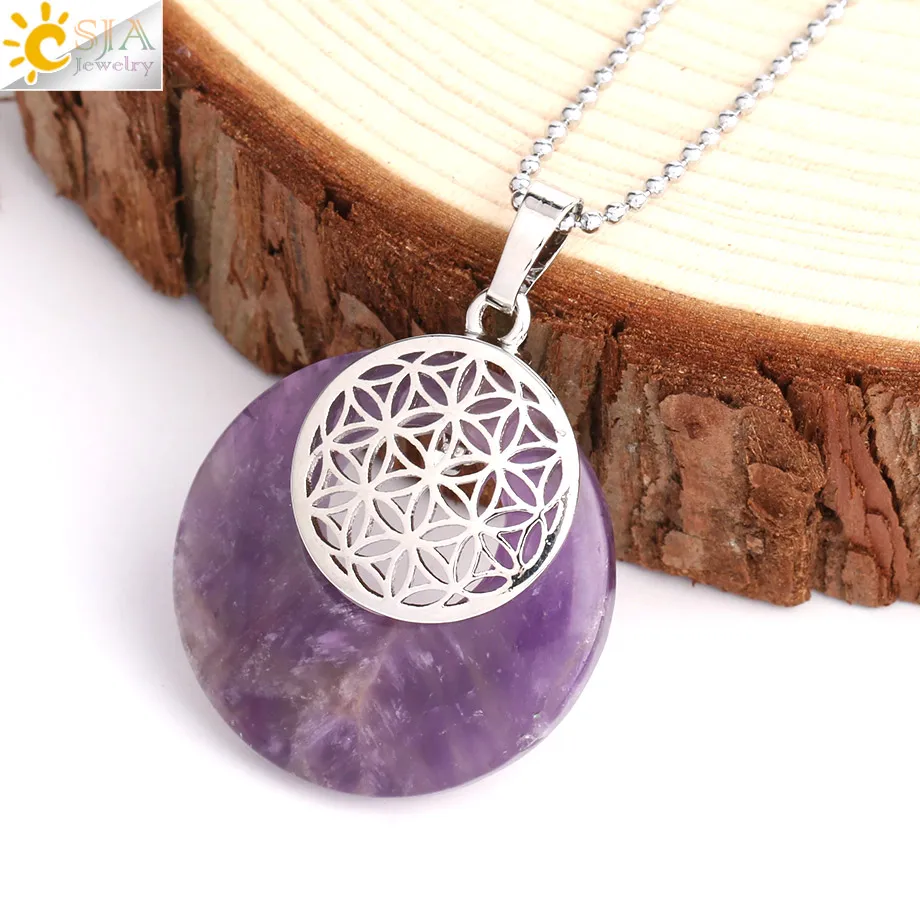 CSJA Natural Stone Flower of Life Pendant Necklace Reiki Amulets Hollow Out Circle Pendants Fit for Women Men Charm Jewelry G052