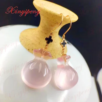 Xin yi peng 18 k yellow gold inlaid natural powder crystal rose quartz drop earrings, women's earrings, the best anniversary gift