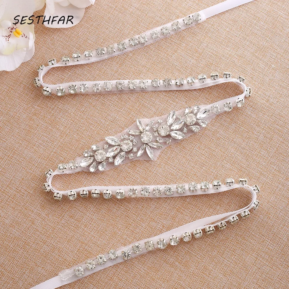 

SESTHFAR Wedding Belt Thin Crystal Flower Bridal Sash Silver Rhinestone Bridal Belt For Wedding Dresses