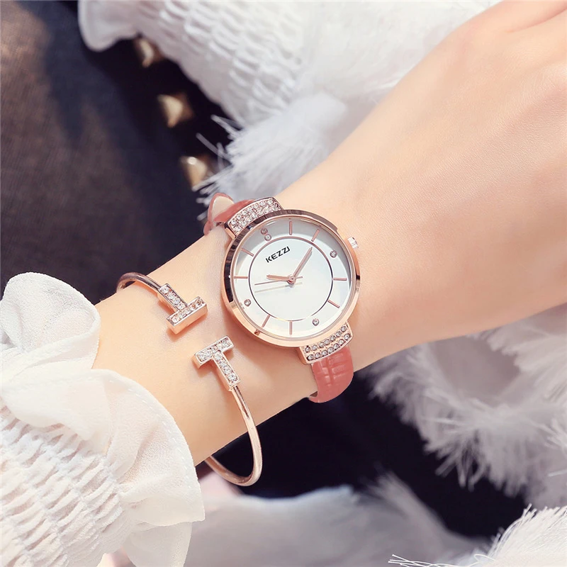 New KEZZI Brand Luxury PU Strap Quartz Watches Fashion Fine Inlaid Rhinestone Dial Japan Movement Ladies Dress Watch Clock Women