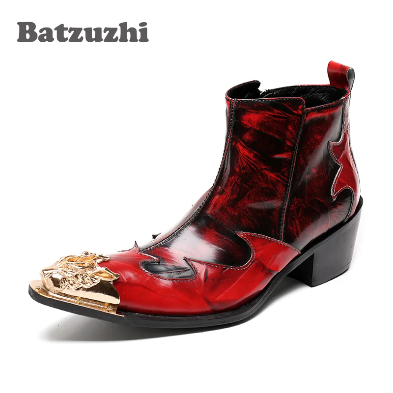 Batzuzhi Italian Type Men Boots Wine Red Genuine Leather Men Short Boots Golden Metal Toe Nightclub Stage Shoes 6cm High Heels