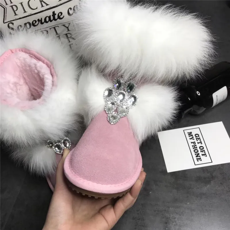 Girl\'s Bling Rhinestone Embellished White Fox Fur Snow Boots Girl\'s Winter Pink Suede Flat Warm Plush Crystal Ankle Boots Shoes