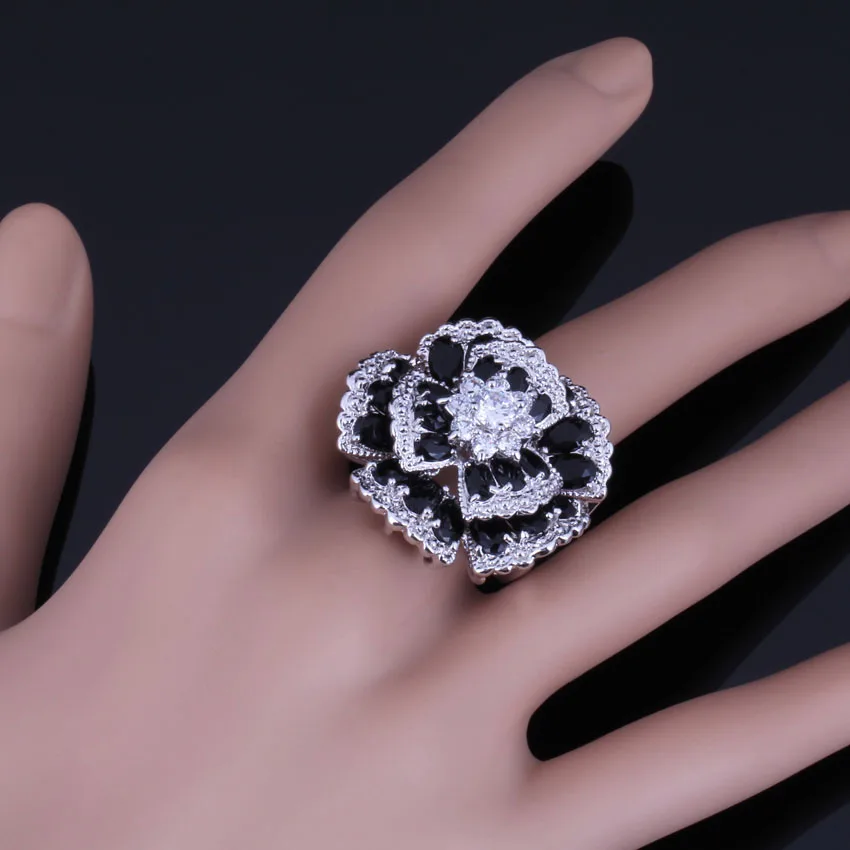 Very Good Huge Flower Black Cubic Zirconia White CZ Silver Plated Ring V0533