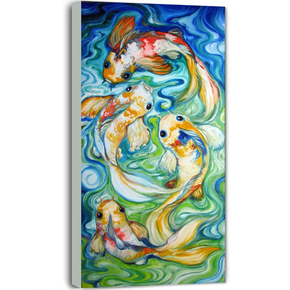 

Top Artist Handmade High Quality Abstract 4 Fishes Oil Painting on Canvas Abstract Fish Animal Oil Painting for Living Room