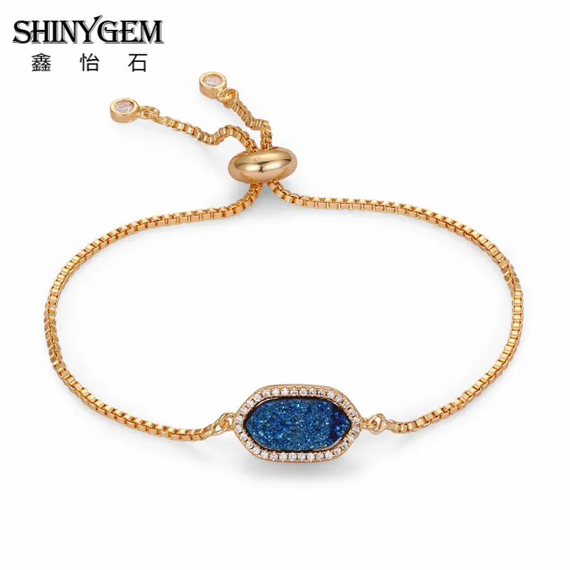 

shinygem trendy contracted hexagon bangles gold plating bezel natural sparkling crystal druzy bracelet for women delicacy gift