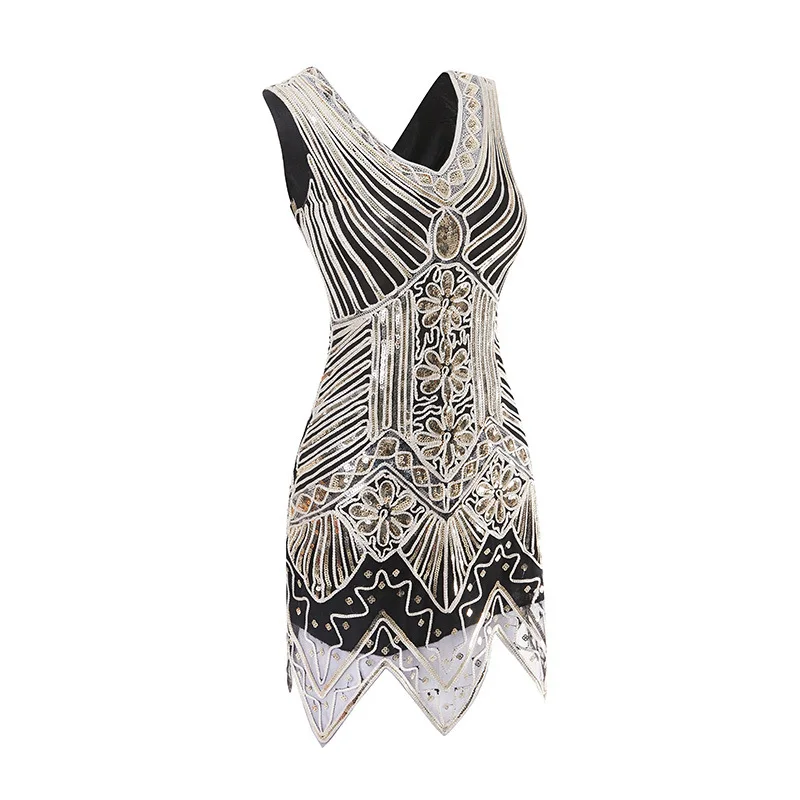 ผู้หญิง 1920s ลูกปัด Tassels ชุดกระโปรง Hem แขนกุดทองเย็บปักถักร้อย Fringe Great Gatsby PARTY DRESS