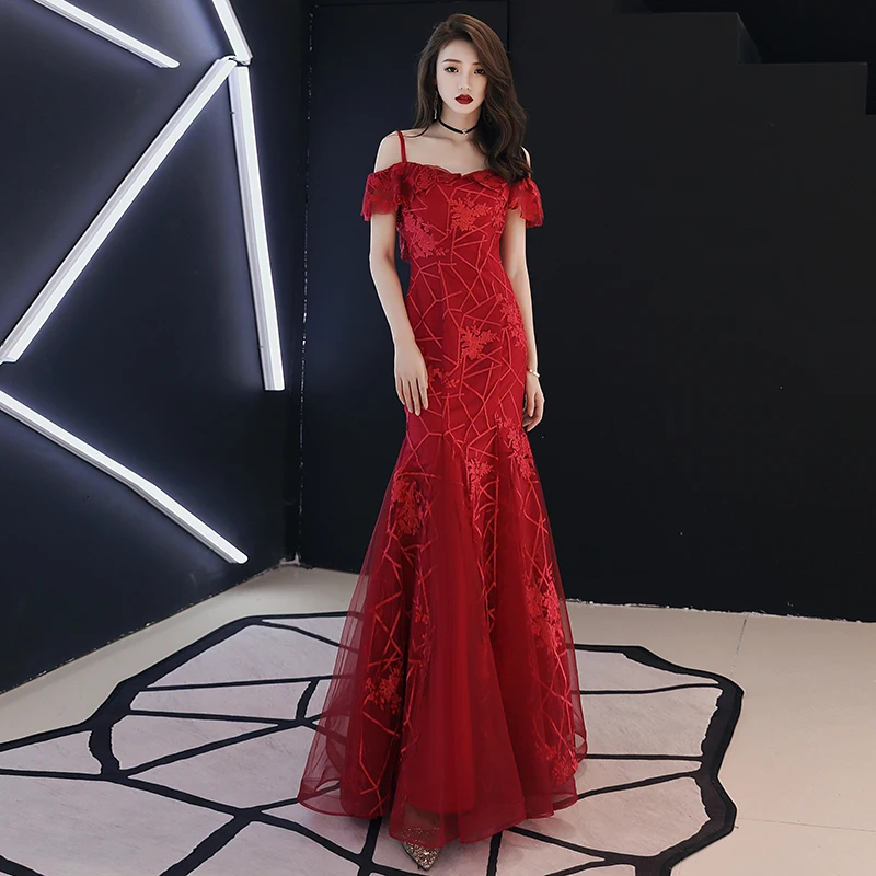 

Mermaid Evening Dress Spring New Fashion 2019 Sleeveless Spaghetti Strap Appliques Prom Party Dress Sexy Backless Ruffles Neck