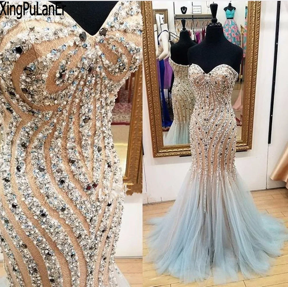 Robe de soirée longue sans manches, épaules dénudées, sirène, Sexy, paillettes et perles brillantes, bleu Champagne, robe de bal