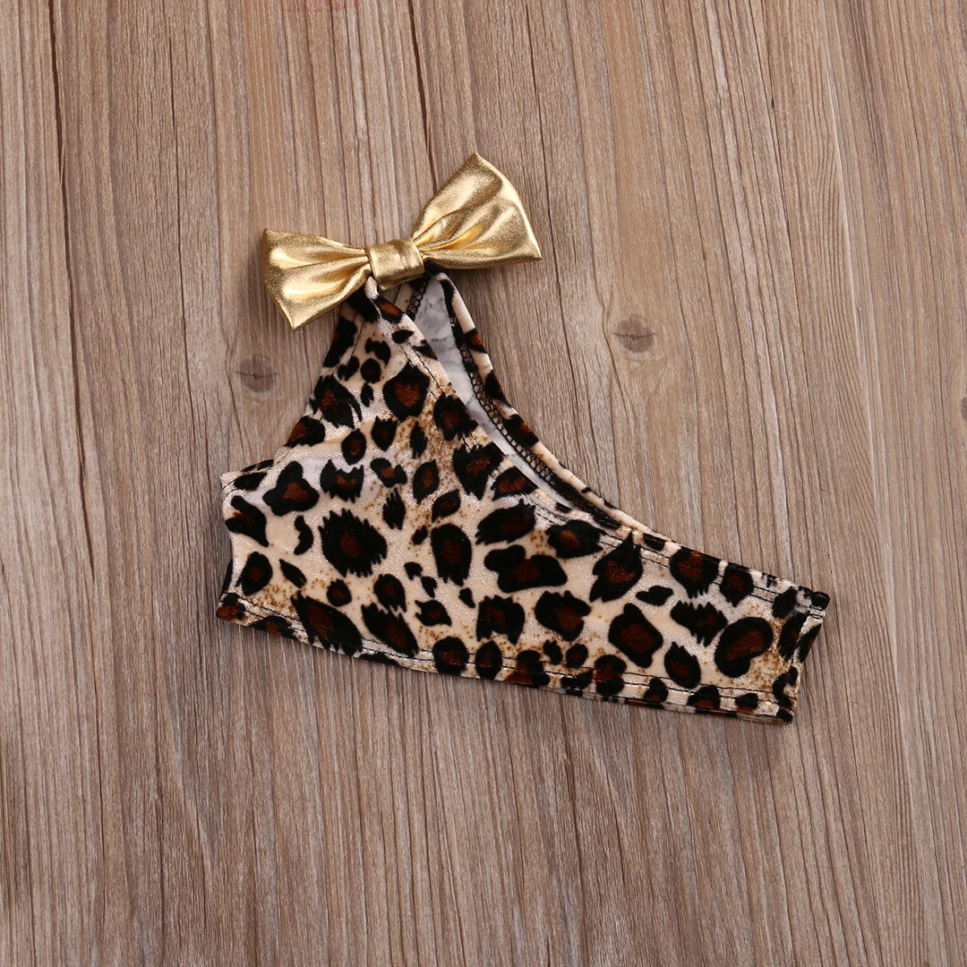 3pcs Kids Baby Girls Leopard Off-shoulder Bow Bikini Set Swimwear Swimsuit Bathing Suit Costume Clothing