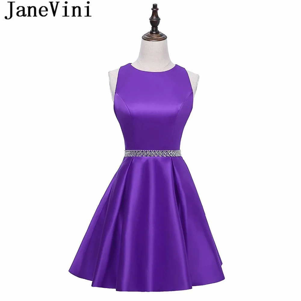 

JaneVini Simple Purple Satin Sequined Beaded Short Bridesmaid Dresses for Weddings A Line Sleeveless Plus Size Homecoming Gowns