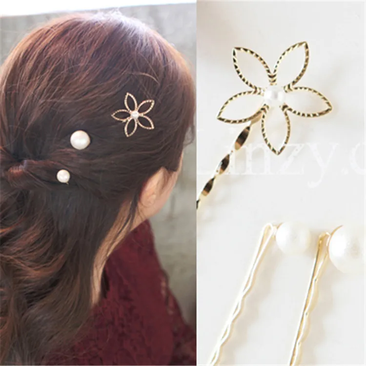 New Fashion Hollow Five-petal Flower Pearl Three-piece Female Hairpin Clip Bangs Clip Bride Wedding Hair Accessories