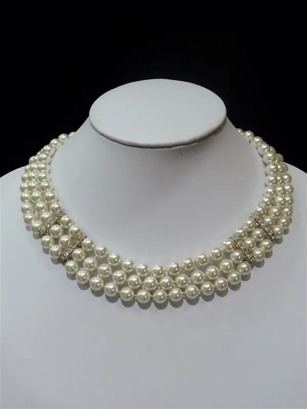 

3 Layers necklace 8mm 10mm white Natural South Sea Shell Pearl Round Bead shining rhinestone Necklaces 18'' 45cm