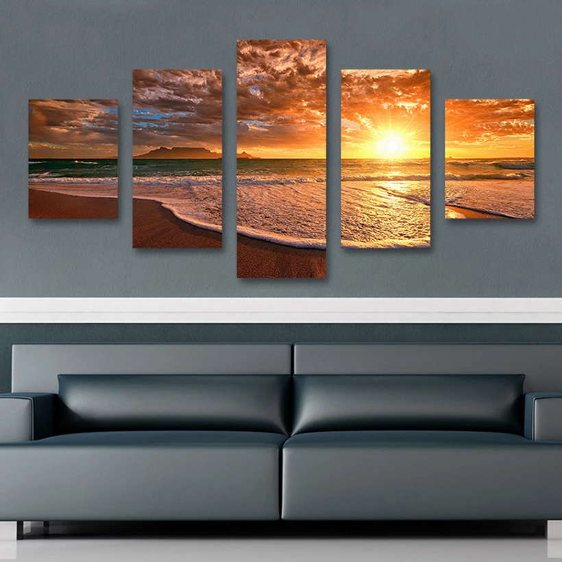 

5 Panels Sunset Waves Ocean Print Oil Painting Wall painting Wall Art Picture For Living Room painting no frame