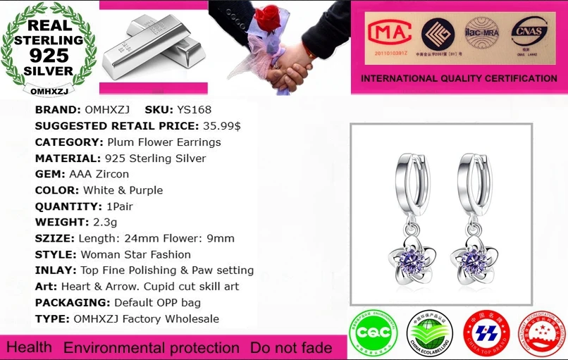 OMHXZJ Wholesale Jewelry fashion star for Woman gifts Plum Flower AAA zircon 925 Sterling Silver buckle  hoop Earrings YS168