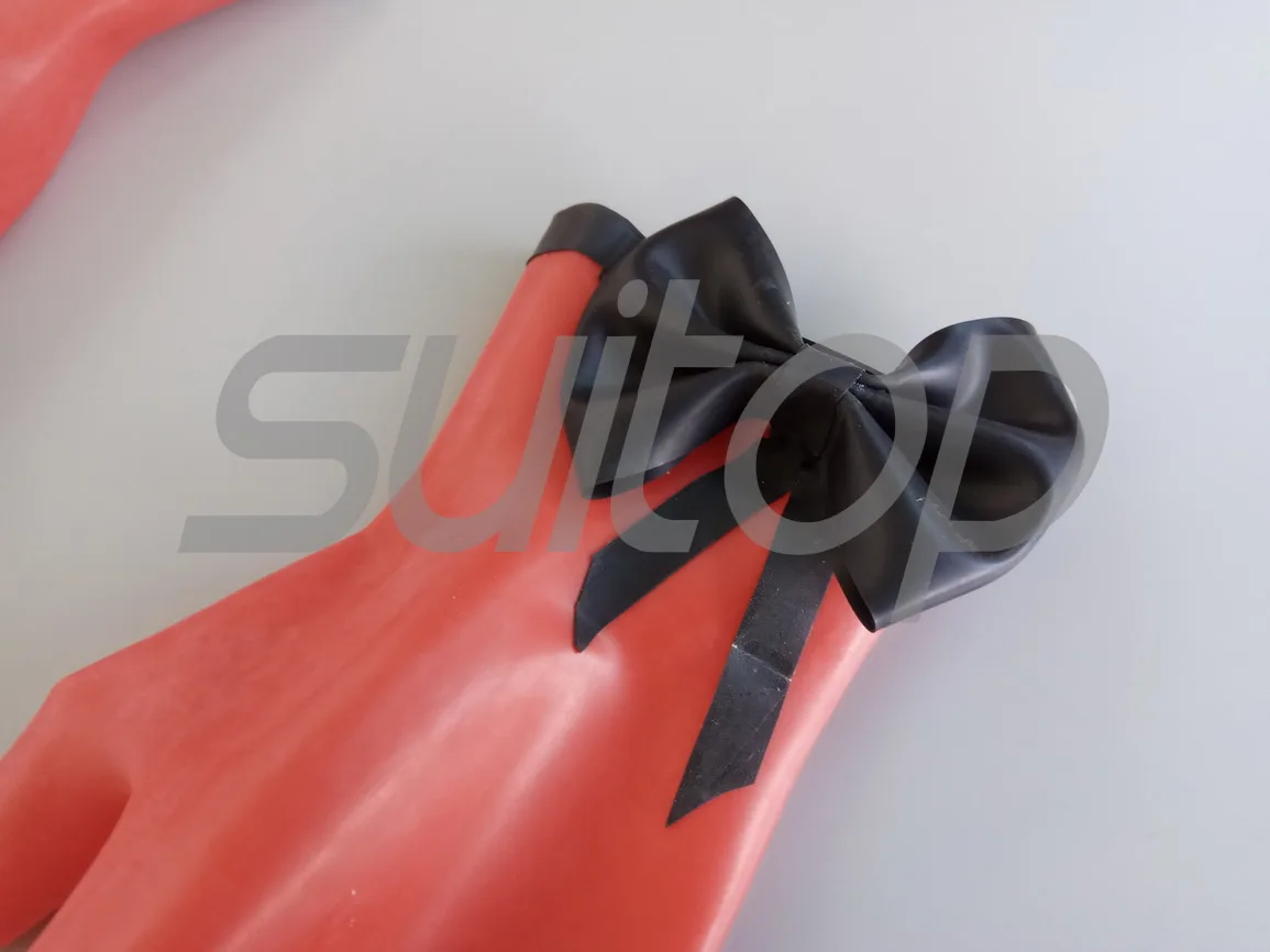 Suitop Latex rubber  short gloves in red and black trim BOW-TIE