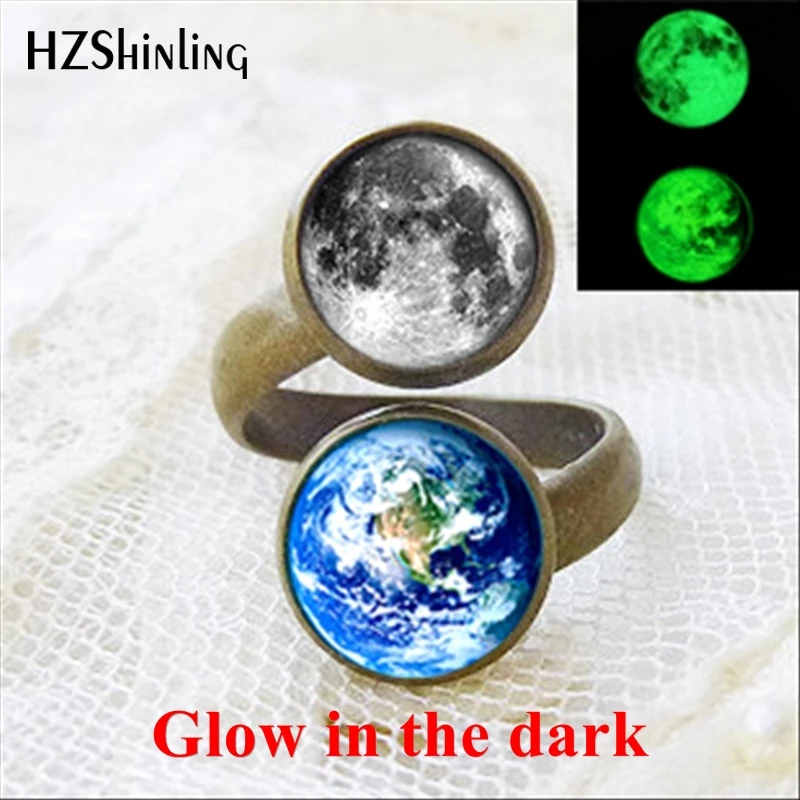 2017 New Arrival Glow in the dark Jewelry Moon and Earth Ring Art Glass Dome Glowing Lunar Eclipse Rings Adjustable for Women