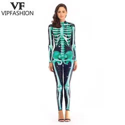 VIP FASHION Skull Bone Skeleton Cosplay Costume Halloween Party Jumpsuits Carnival Woman Zentai Bodysuit Long Sleeve Show Outfit