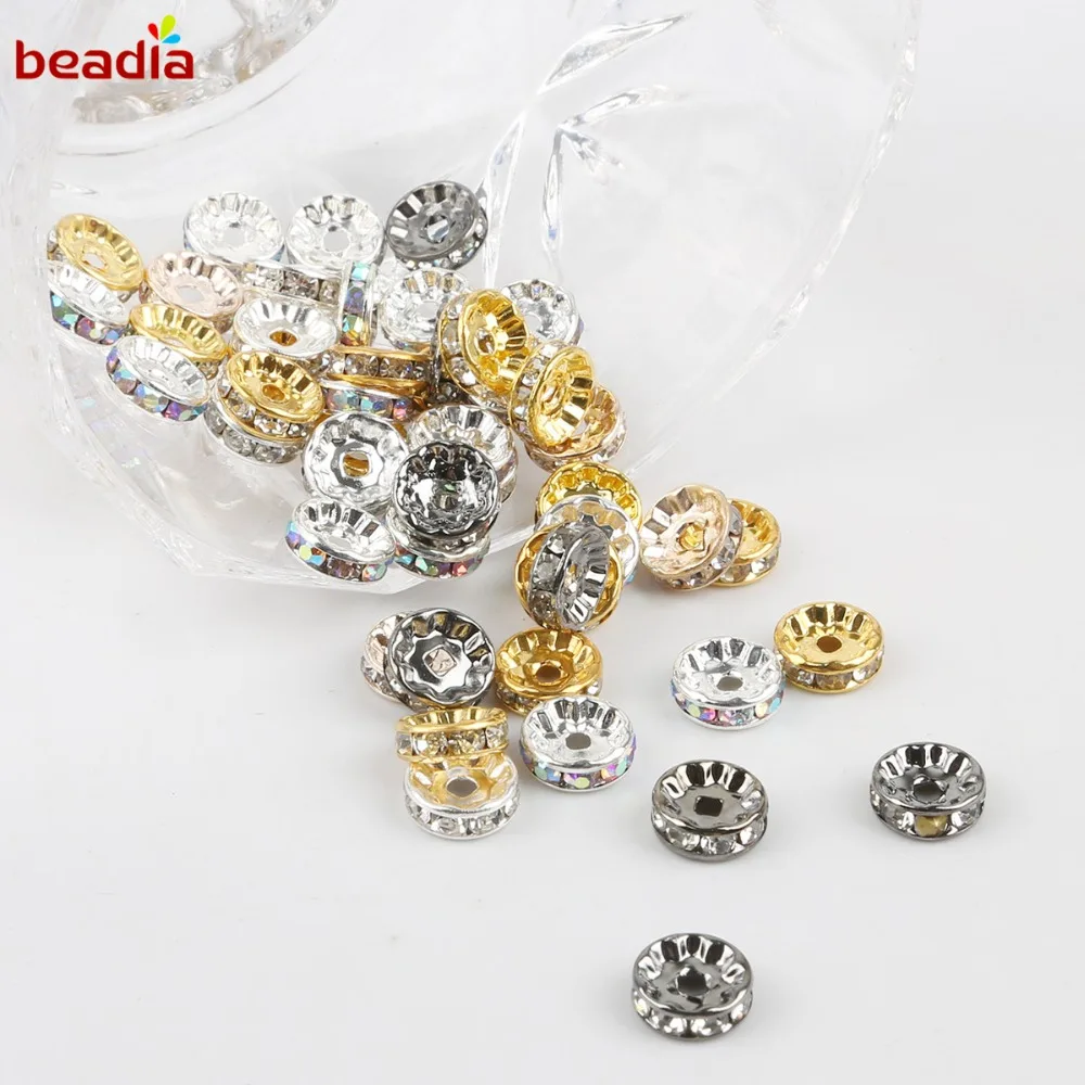 4 6 8 10mm Gold Gunmetal Crystal Rhinestone Rondelles Loose Spacer Beads for DIY Jewelry Findings Making Accessories