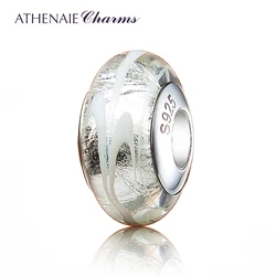 ATHENAIE 925 Silver Core Silver White Stripe Murano Glass Charms Beads Fit European Bracelets Gift For Wife,Girlfriend,Women