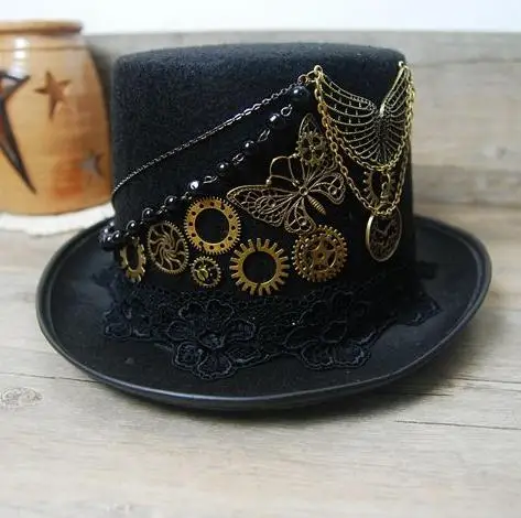 Handmade Steampunk Retro Vintage Top Hat Gothic Wool Victorian Hats With Gears Lace Wings Chain Accessories