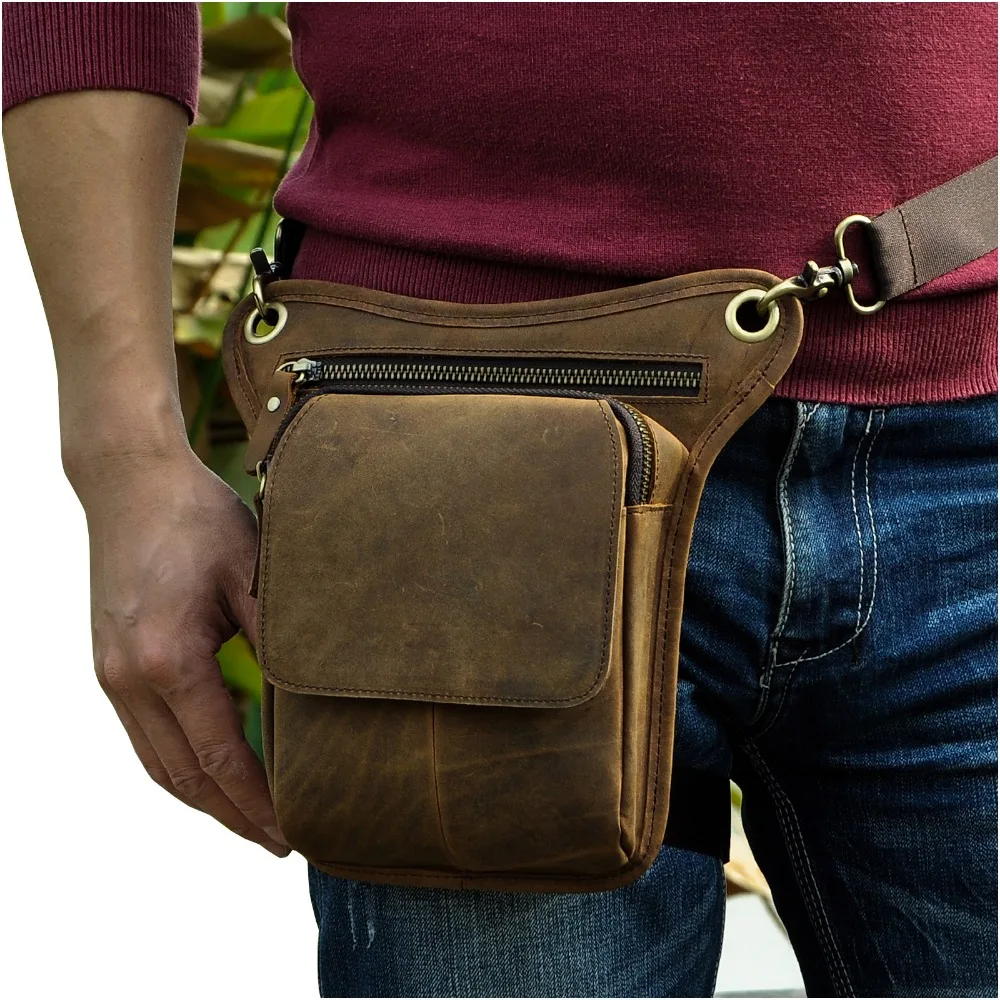 Hot Sale Top Quality Crazy Horse Real Leather men vintage Brown Small Belt Messenger Bag Waist Pack Drop Leg Bag 211-1