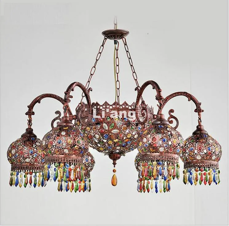 Bohemia Mediterranean Restaurant Bedroom Lamp Factory Direct Selling D85cm H61 Retro Multicolor Bronze Wrought Iron Pendant Lamp