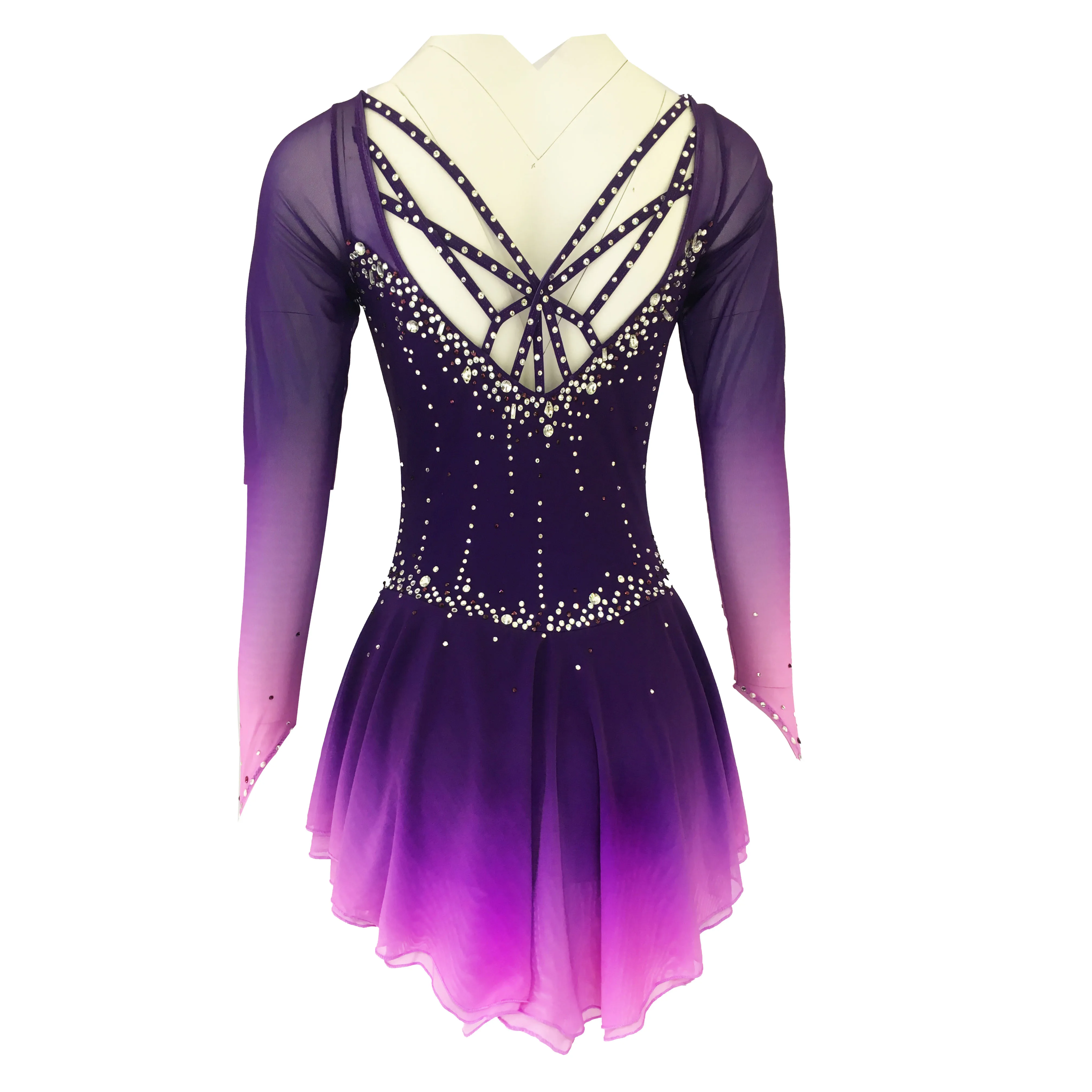 Purple Figure Skating Dress Fingerpoint Sleeves Ice Skating Skirt Long-Sleeved Spandex Skirt Competition Dresses