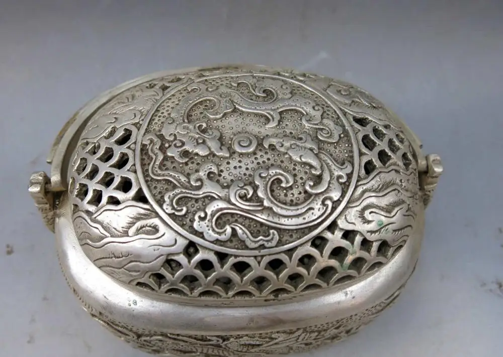 China silver handwork carved beautiful two dragon play bead Teapot fine Statue