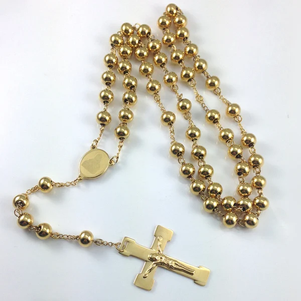 Fashion Jewelry Stainless Steel Rosary Necklace, Virgin Cross Of Jesus Pendant Necklaces , Heavy Gold Color Hip hop Men Jewelry