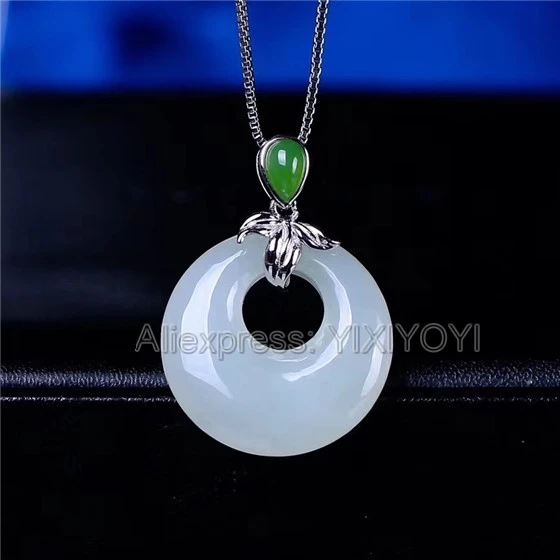 925 Sterling Silver White Green HeTian Jade Round Dangle Lucky Sexy Pendant + Chain Necklace Charm Fine Jewelry Charm Gift