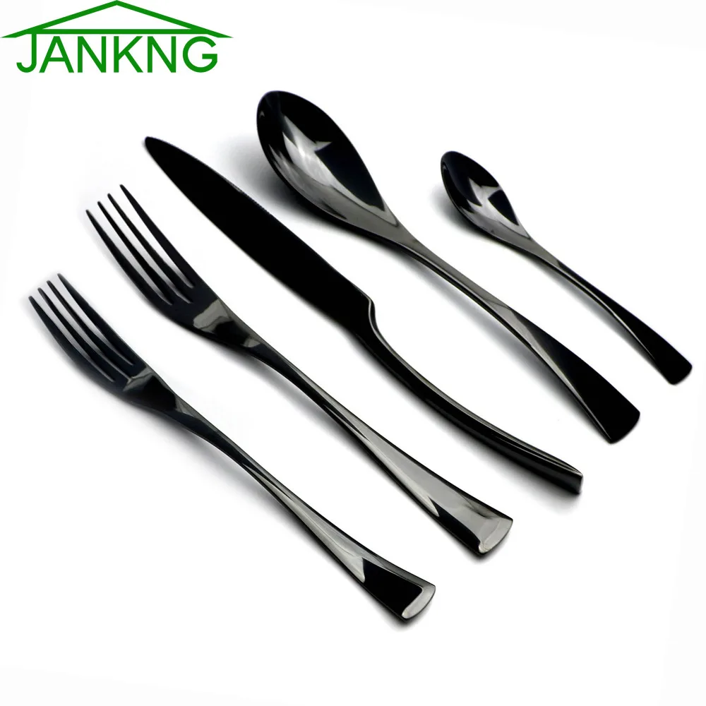 JANKNG 5Pcs/Lot Stainless Steel Dinnerware Set Service for 1 Black / Rose Gold / Silver Cutlery Knife Fork Dessert Fork Teaspoon