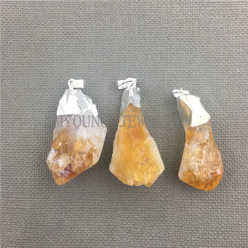 MY0448 Free Form Yellow Crystal Quartz Nugget Point, Natural Citrines Pure Silver Color Cap and Bail Stone Pendant