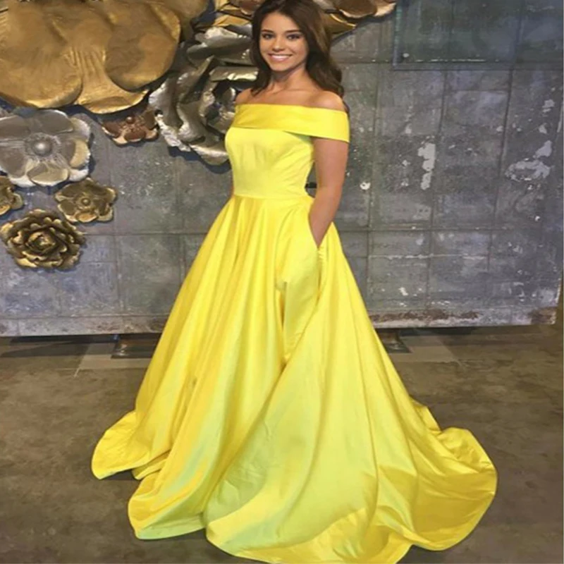 Longo amarelo cetim vestido de baile, fora do ombro, até o chão, vestido de noite formal com bolso, novo 2019