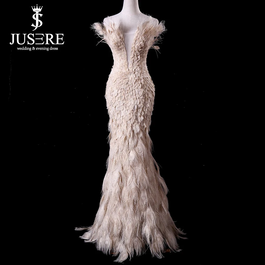 Off Shoulder Plugging V neckline Zipper Up Back Floor Length Elegant Queen Luxury Feather Mermaid Champagne Evening Dress