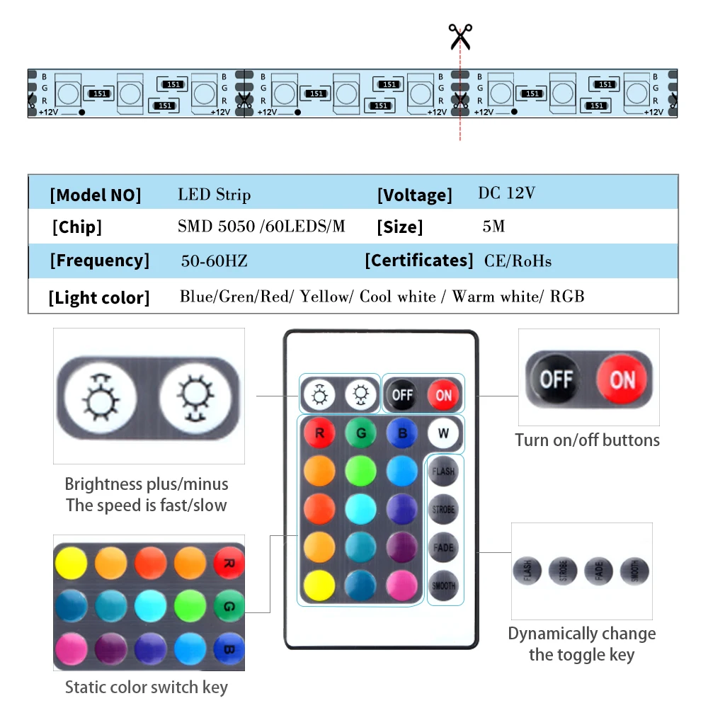 DC 12V RGB LED Strip Light 5050 5M LED Light Waterproof Flexible Diode Ribbon Tape Warm White/Blue/Green/Red Strip Living room