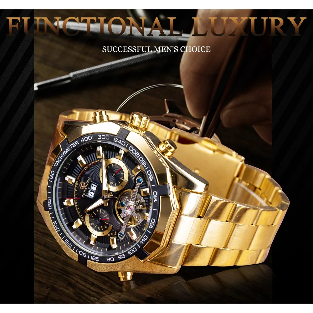 Forsining Golden Stainless Steel Mens Choose Calendar Display Tourbillion Design Business Watch Top Brand Luxury Automatic Watch