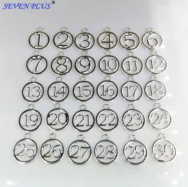 High Quality 10 Pieces/Lot Diameter 14mm Silver Plated  20-30 Figure Number Charms For Bracelet Making