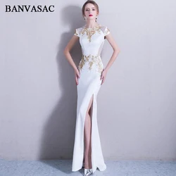 BANVASAC Crystal O Neck Gold Lace Appliques Split Mermaid Long Evening Dresses Party Short Cap Sleeve Prom Gowns