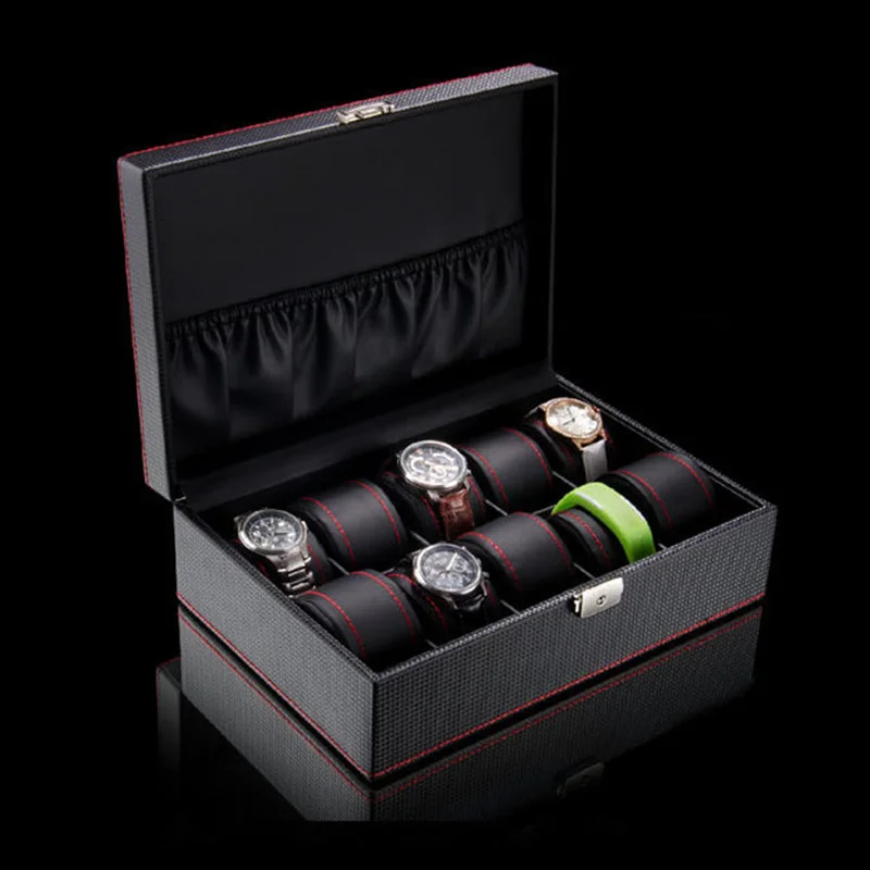 10 Slots Watch Organizer Box Black Luxury Watch Storage Box Case With Lock Women Jewelry Box New Leather Gift Case