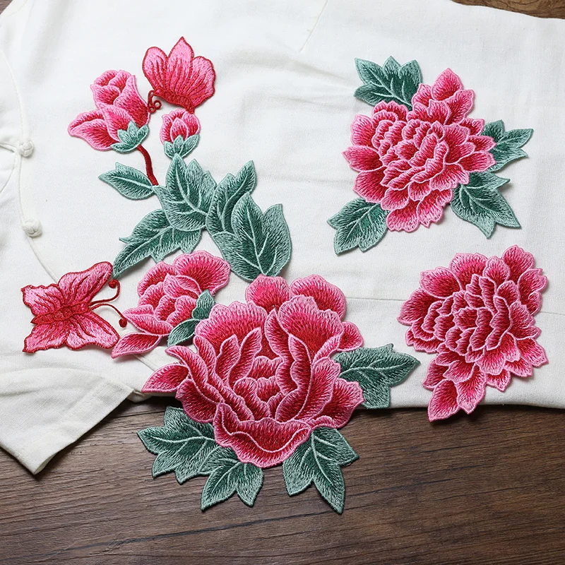 

Large Peony Patch Embroidered Flowers With Butterfly Cloth Sticker Art Embroidery Sew On Patch