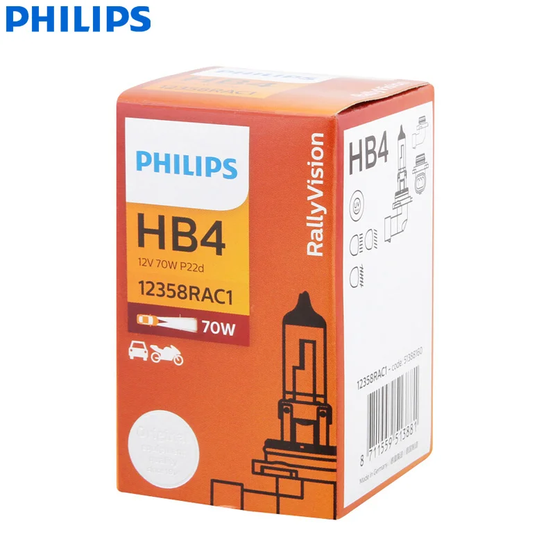 Philips Rally Vision 9006 HB4 12V 70W P22d 12358RAC1 Off Road Super Bright Light Car Halogen Head Bulb Auto Fog Lamp (Single)