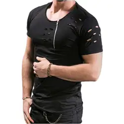 Ripped Men's T Shirt Slim Fit Muscle O-Neck Top Tee New Fashion Summer Hole Casual Short Sleeve T-Shirt Men Clothes MY069