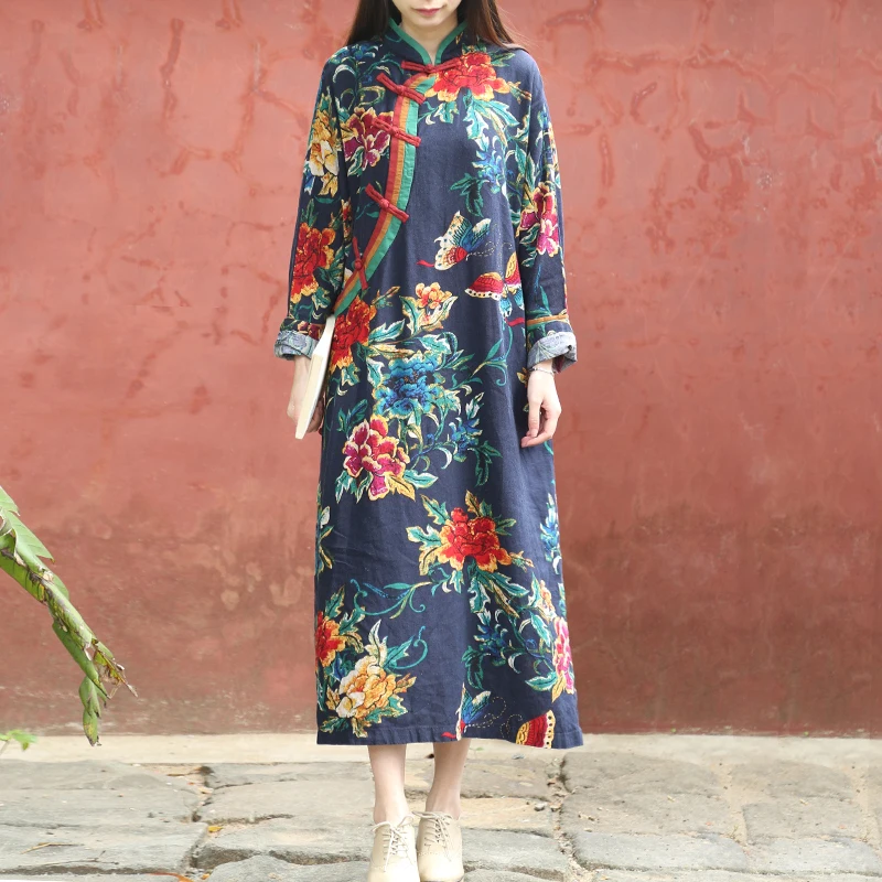 LZJN-Long Sleeve Dress for Women, Cotton Linen, Cheongsam, Qipao, Floral, Butterfly Print, Traditional Chinese Robe,SummerAutumn