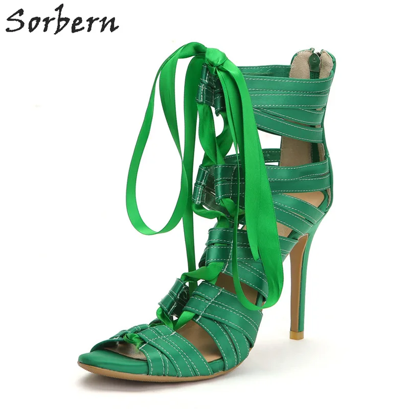 Sorbern Green Rome Style Women Sandals High Heels Lace Up Gladiator Style Sandals For Women Stilettos Sandalias Mujer 2018