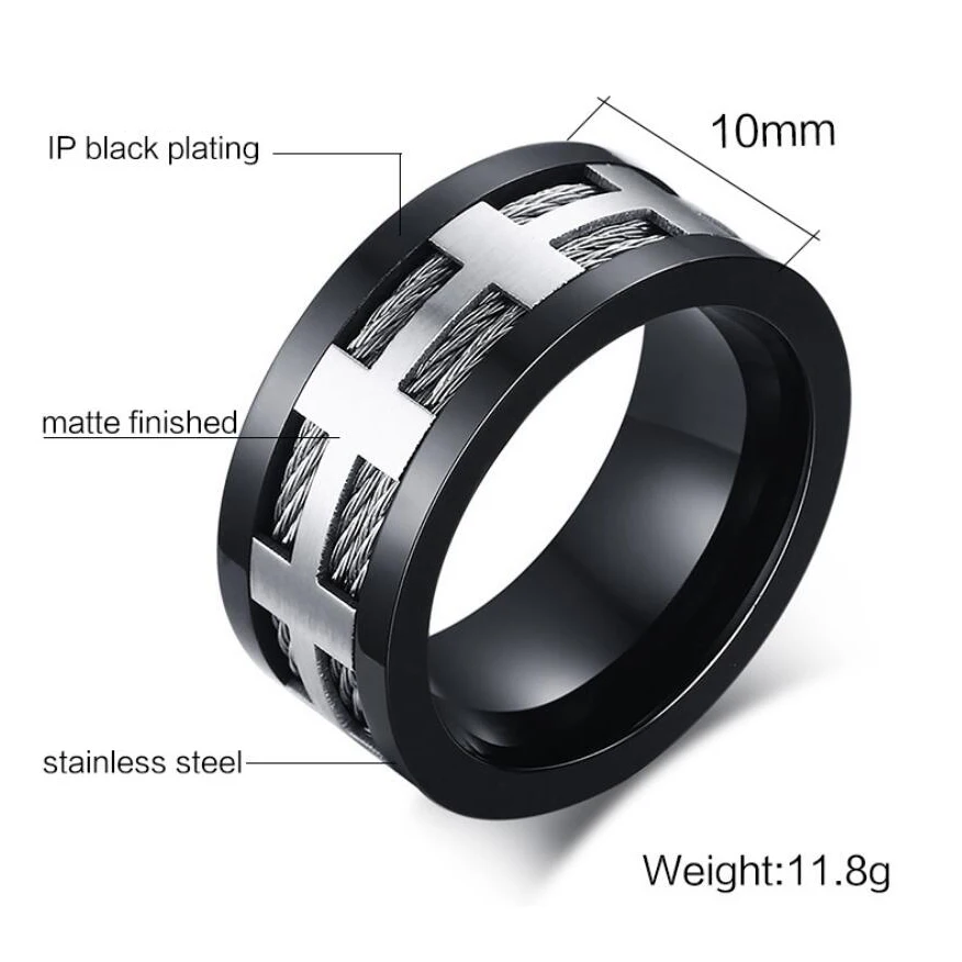 Hot Fashion Deisgn IP Black Plating 316L Stainless Steel Pave Matte Finish and Unique Cross For Punk Style Ring Jewelry