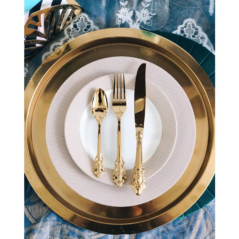 Vintage Western Gold Plated Cutlery  Dining Knives Forks Teaspoons Set Golden Luxury Dinnerware Engraving Tableware set lin2858