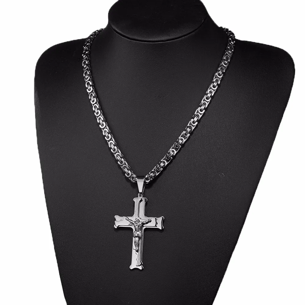 Jesus Cross Silver Color Necklaces Men Women Pendant Stainless Steel With 6MM Byzantine Chain  Christian Crucifix Jewelry