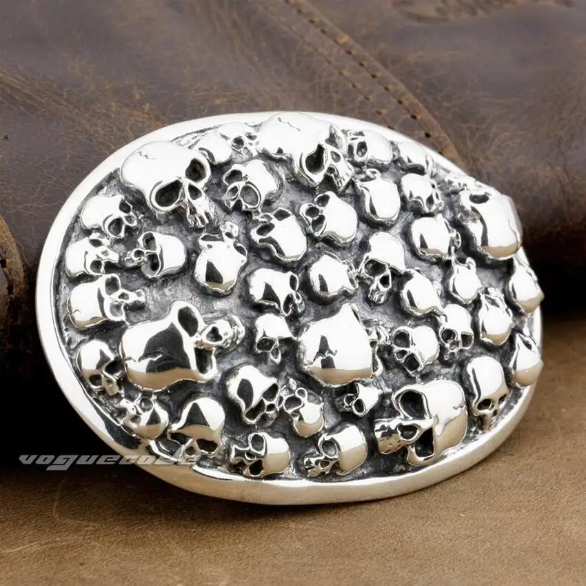 LINSION-925 Sterling Silver Skulls Belt Buckle para homens, motociclista Punk, Rock, 9C006