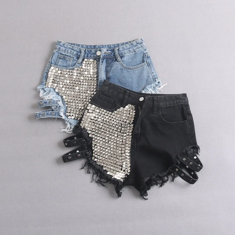 

Women Vintage Tassel Rivet Ripped High Waisted Short Jeans Punk Sexy Hollow Out Buckle Hot Shorts Black Denim Shorts Streetwear