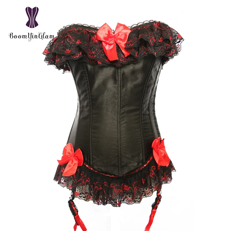 Strapless Women\'s Floral Lace Trimmer Boned Corselet Overbust Corset Bustier Top With Supenders